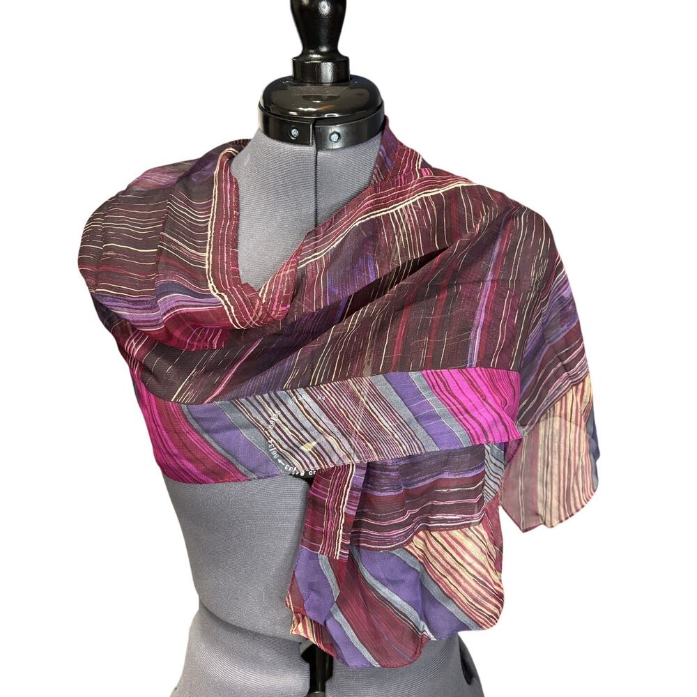 Vintage Anne Klein 100% Silk Scarf Aubergine Purple Gray Abstract Oblong